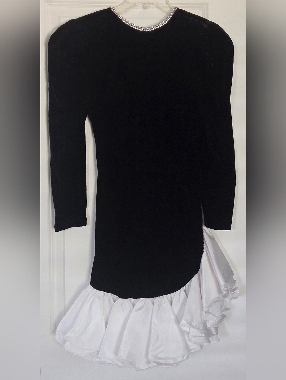Vintage 80's 90's Black & White Ruffle-Trim Velvet Prom Dress*Rhinestones